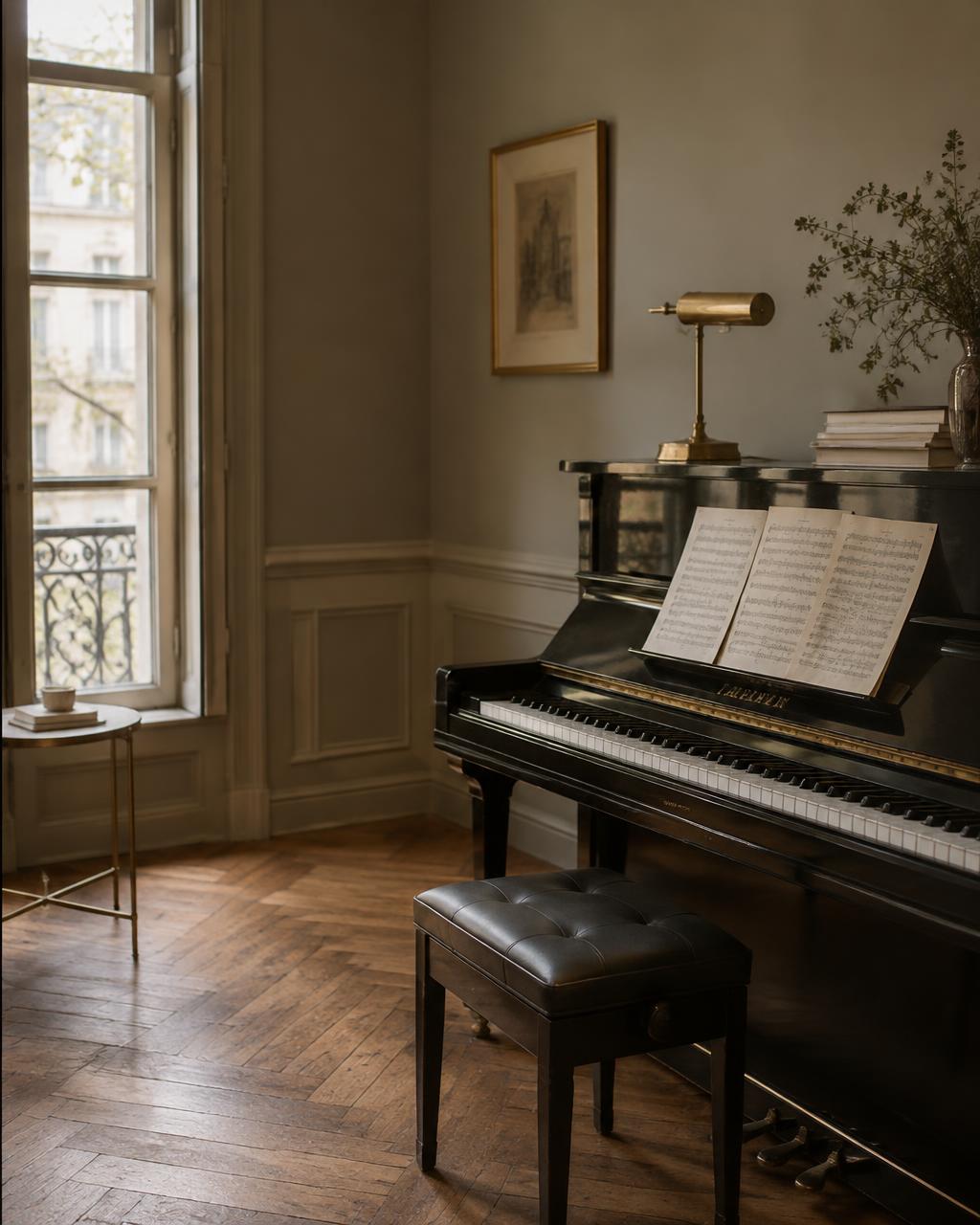 Studio de composition avec piano et partitions — image provisoire en attente du portrait de Stan Mosse